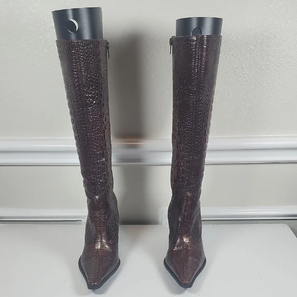 Gianni Bini Brown Croc-Embossed Heeled Boots - Picture 2 of 11